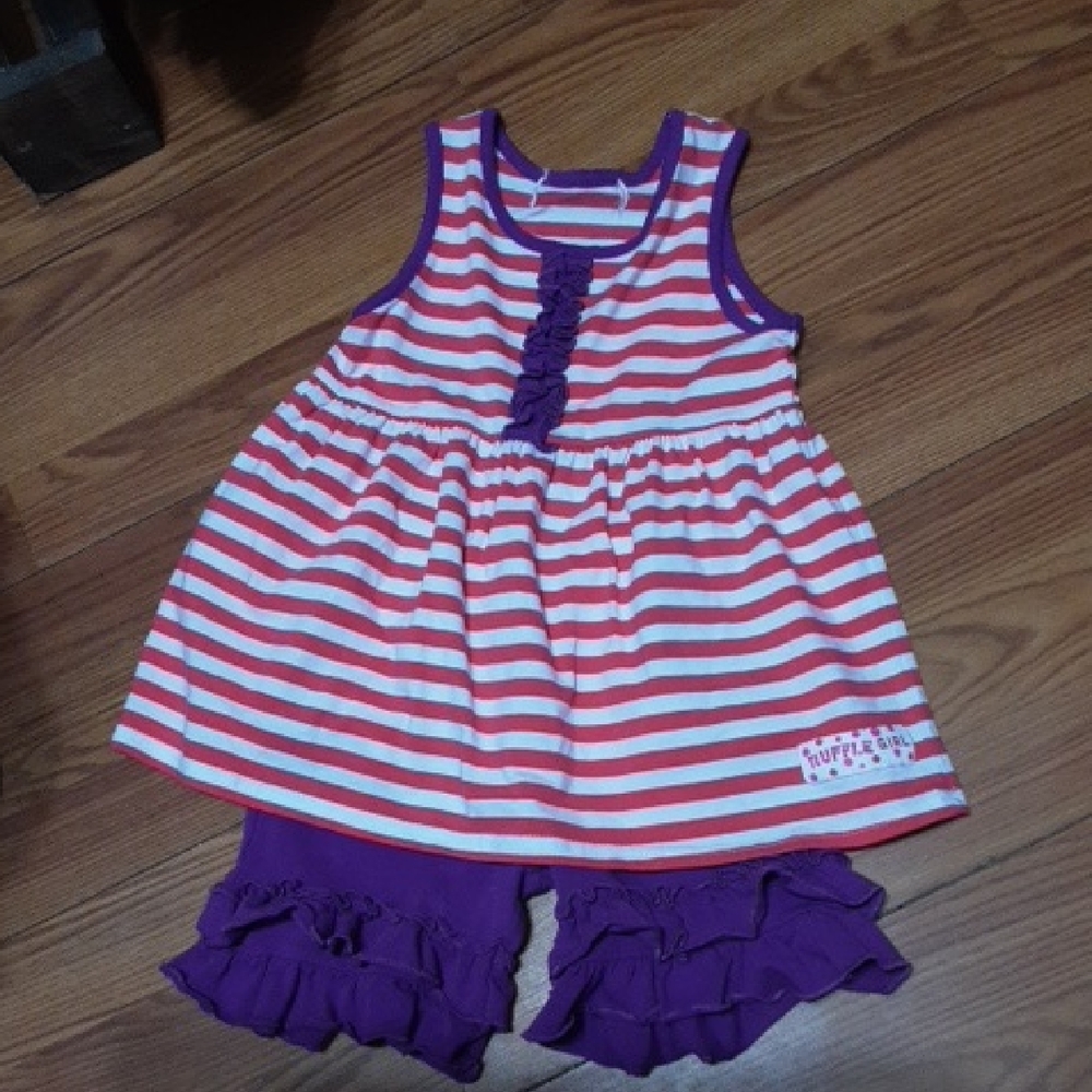 RUFFLE GIRL Striped Red and‎ Purple Dress with Purple Ruffle Shorts